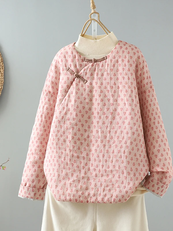 

New Chinese Sle Cotton Linen Print round Ne ort Coat Women Winter New Faion Anti Aging Side Buttoned Jaet