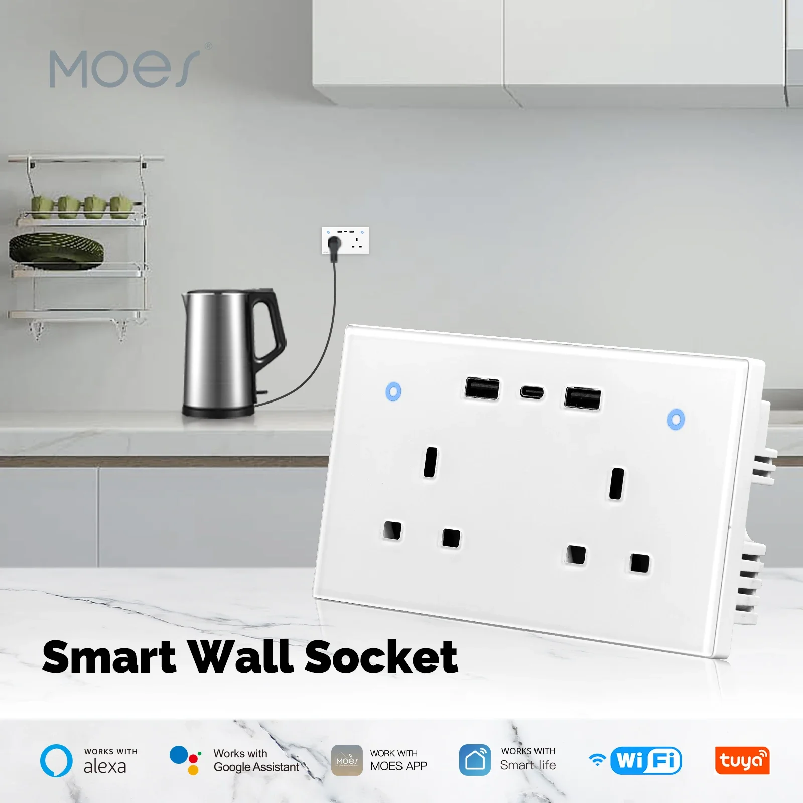 

MOES Tuya WiFi Smart Wall Socket UK Outlet 13A Touch Switch USB Type-C Charging Ports Remote Energy Monitoring Work With Alexa