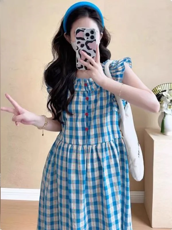 

Синее длинное платье в клетку, женская весна-лето, новинка, маленький размер, клетчатая юбка-трапеция с высокой талией, корейская юбка