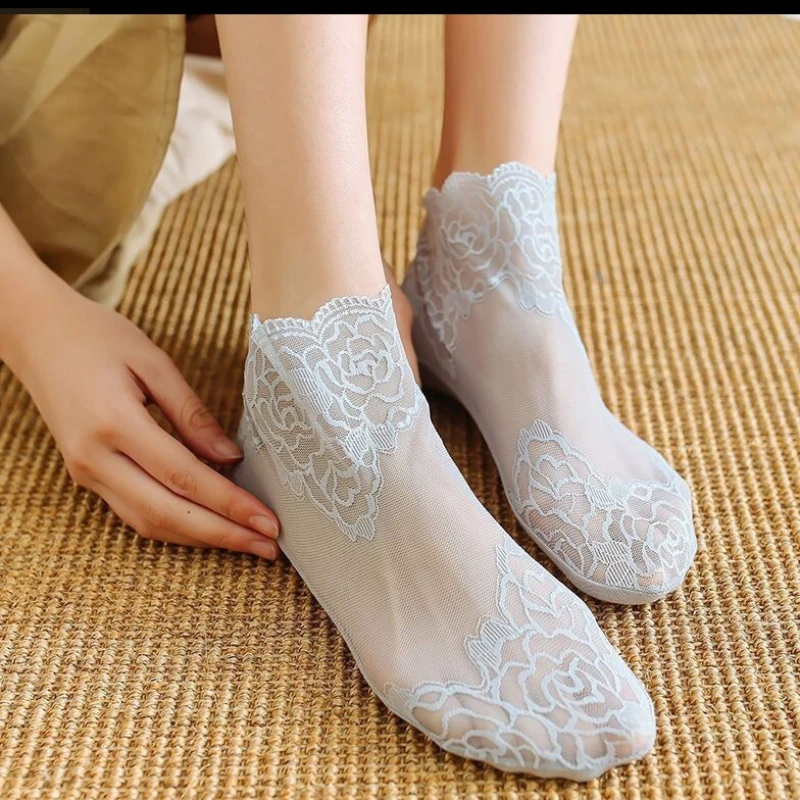 1-10Pairs Socks Women's Ankle Short No-Show Invisible Foot Summer Thin Cotton Set White Low Cut Boat Lace Silicone Non-Slip