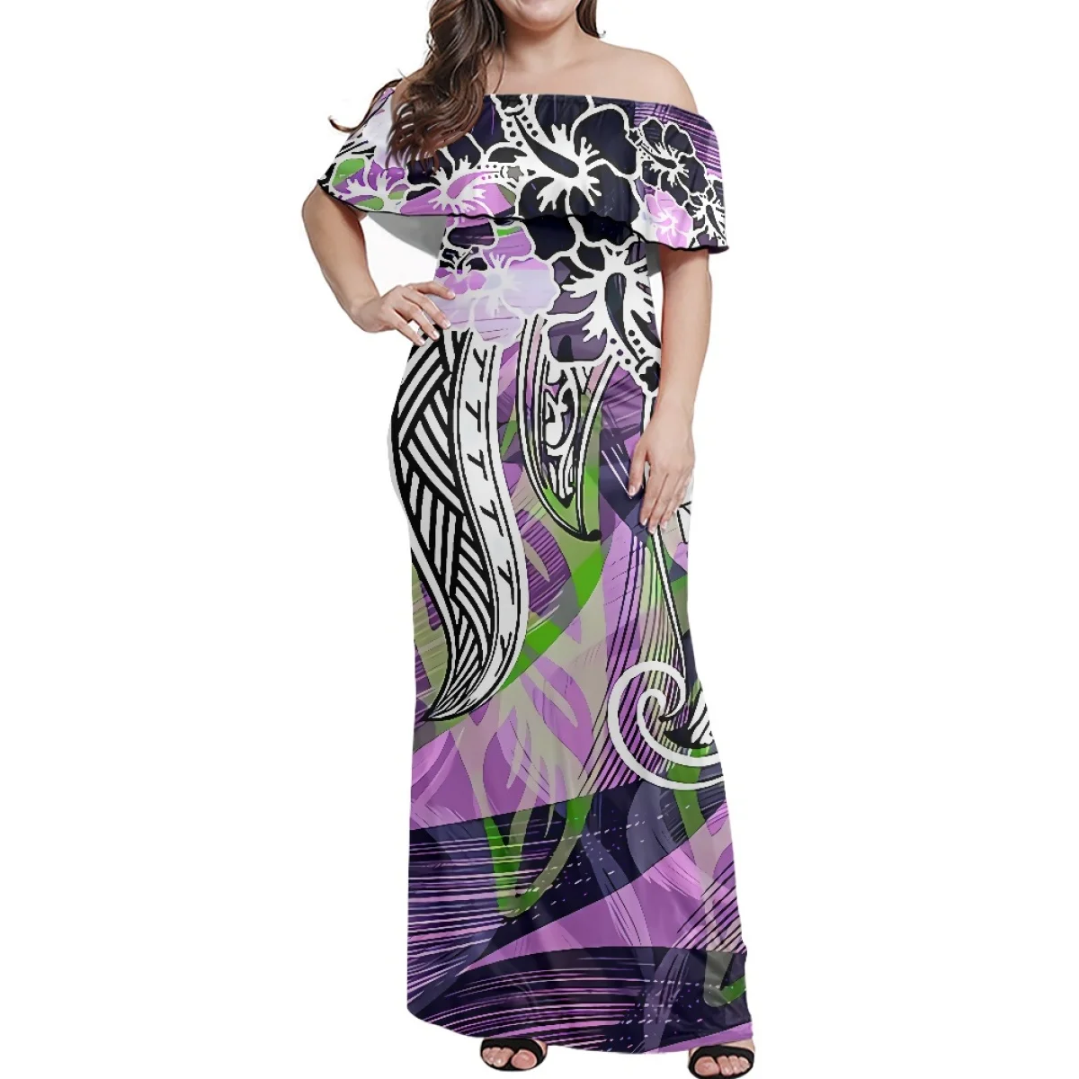 

2025 Exquisite Pink Polynesian Enata Motif Dress Samoan Retro Tattoo Print Custom High Quality Maxi One Shoulder Dress