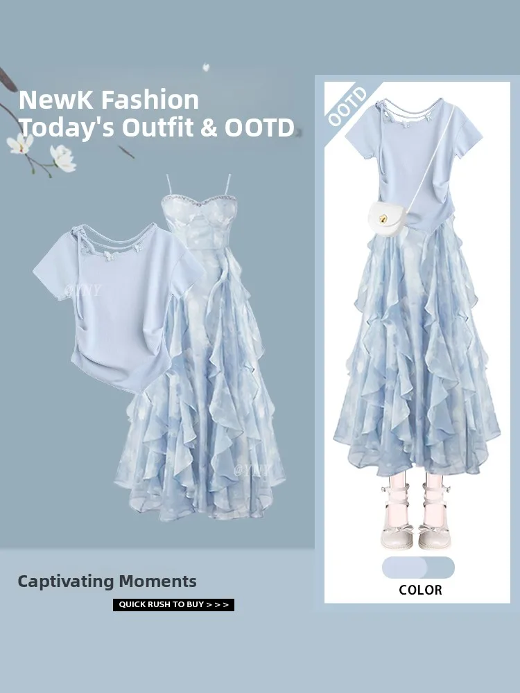 

Summer New Arrival Ele Blue Top And Sweet Sle Fairy Blue Dr Two-Piece Set Faionable Women's Clothing Ensemble