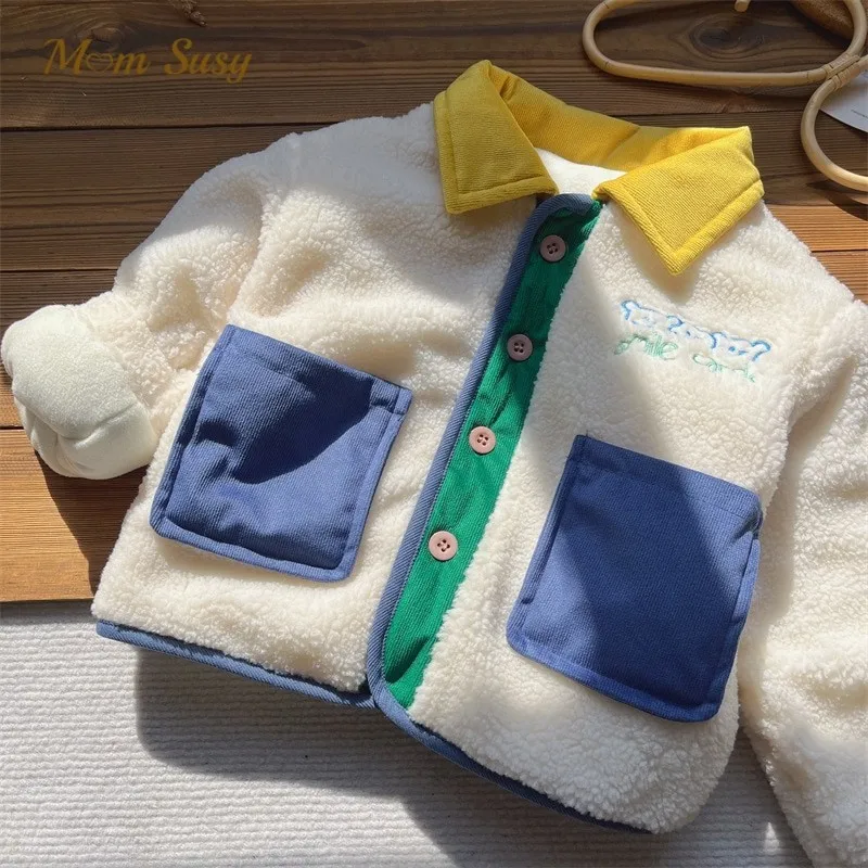

Fashion Baby Girl Boy Patchwork Lamb Wool Coat Fleece Inside Infant Toddler Child Jacket Warm Outwear Baby Clothes 1-10Y