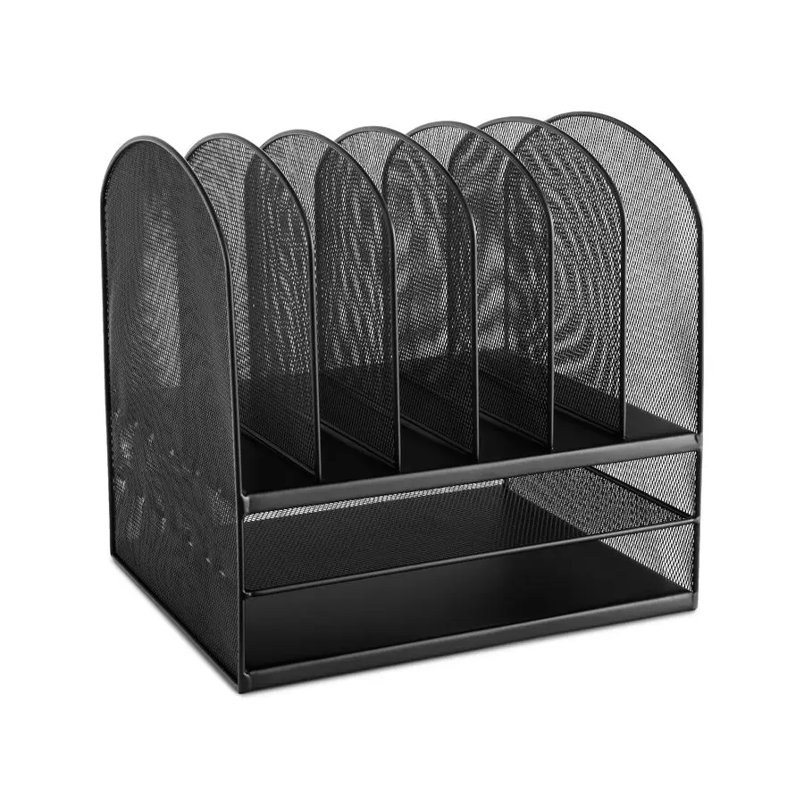 

Onyx Desk Organizer, 6 Vertical Compartments and 2 Trays, Office and Classroom Mailbox , Paper and Mail Sorter, Steel Mesh, Blac