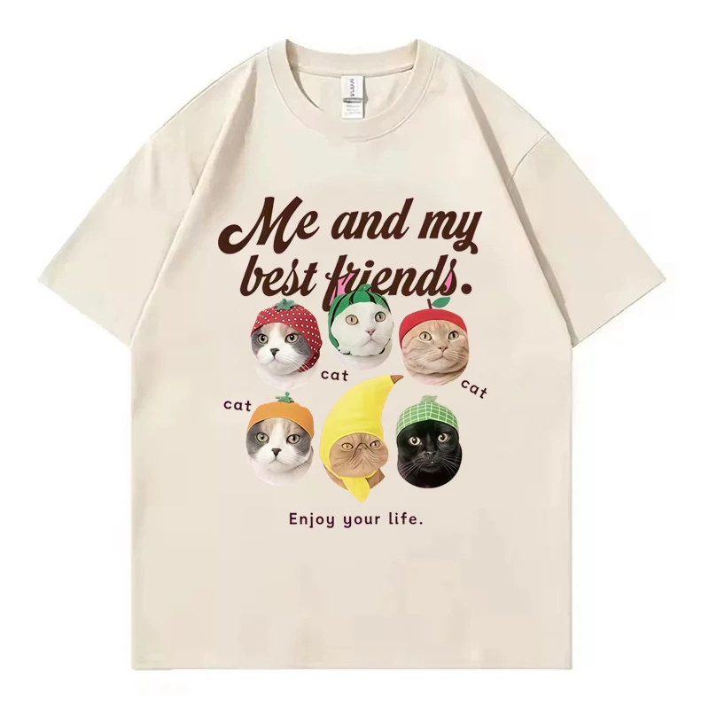 Funny Cats With Fruit Hats T Shirt Me and My Best Friends Print Unisex Crew Neck Short Sleeve Casual Summer Tee