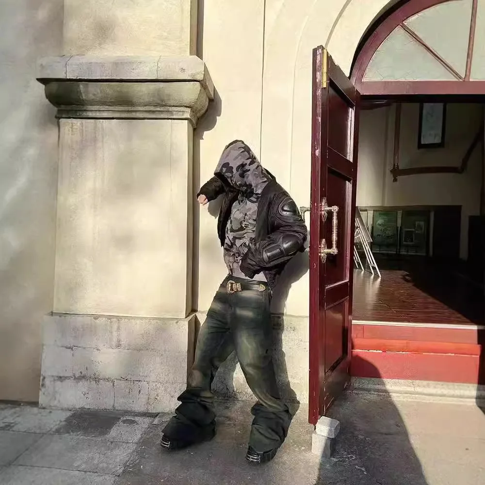 هاي ستريت RO جان السراويل الرجالية خمر التدرج الأزرق البني غسلها البوق واسعة الساقين تبدو سليم ممسحة الطابق التجاعيد الدنيم بانت