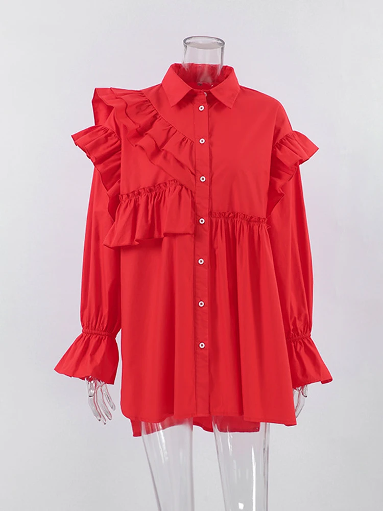 Mueyaruho Winter Spring 2024 Women Solid Red Mini Shirt Dress Office Ladies Ruffles Long Sleeve Loose Fit Dress For Women