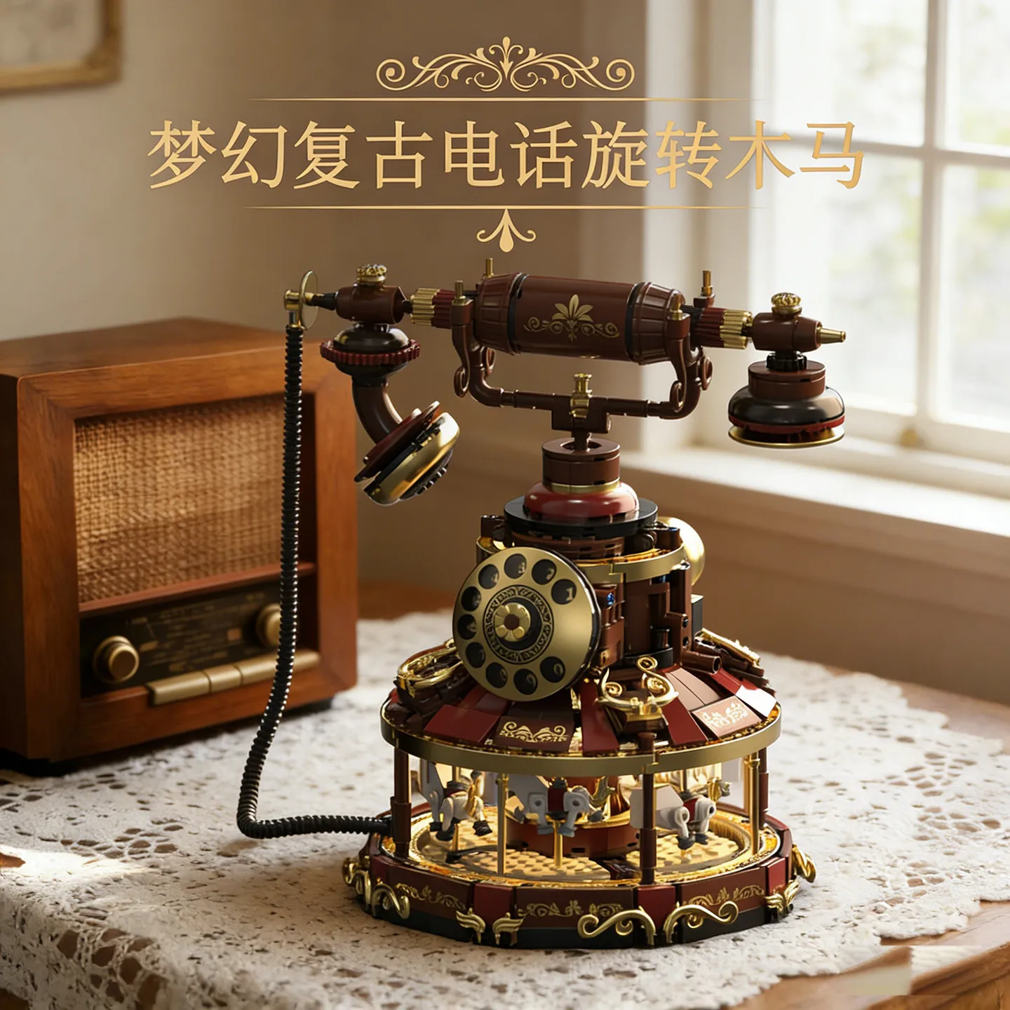 

European retro telephone carousel model ornament building block creative assembly toys boys and girls new year gift