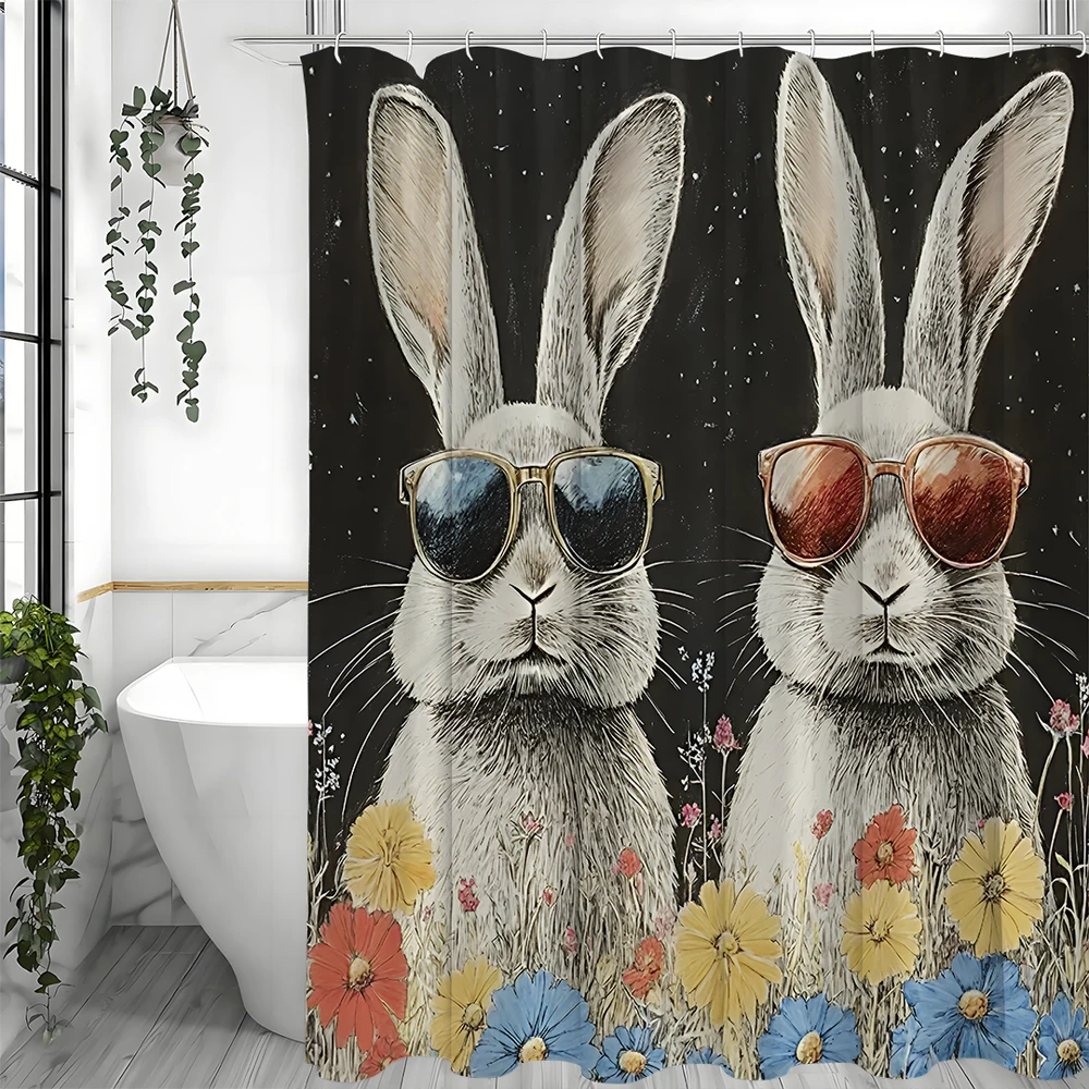 

Веселая занавеска для душа Cool Bunny, цветочная весенняя черная декоративная занавеска для душа для ванной комнаты, водонепроницаемая занавеска для душа с крючками