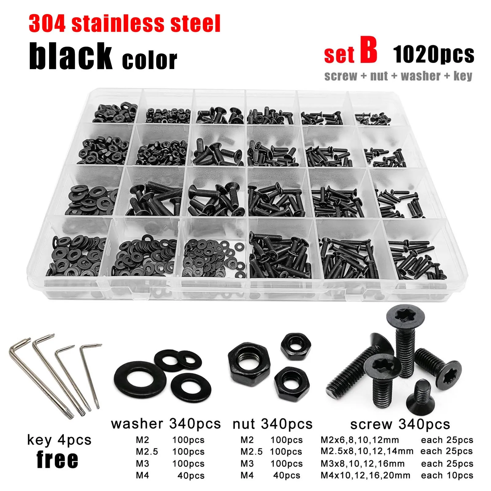 285/1020pcs Mix M2 M2.5 M3 M4 M5 Black 304 Stainless Steel Six Lobe Torx Flat Countersunk Head Screw Bolt Assortment Set Box Kit