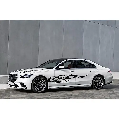 

4-Piece Universal Black Flame Vinyl Decals For Car Hood, Side Skirts, Doors – Racing Style Auto Graphics Compatible With