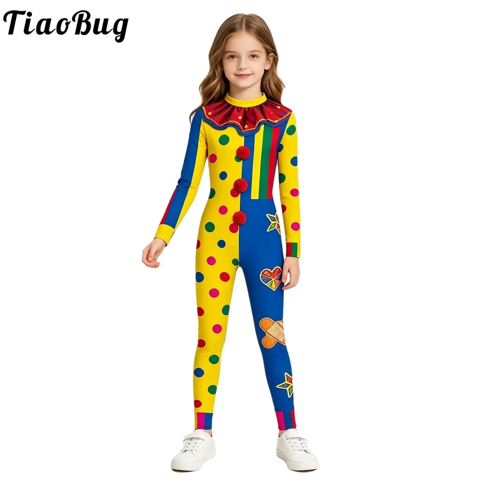 Kids Boys Girls Circus Ringmaster Clown Costume Long Sleeve Printed Red Pompoms Skinny Bodysuit for Halloween Carnival Cosplay