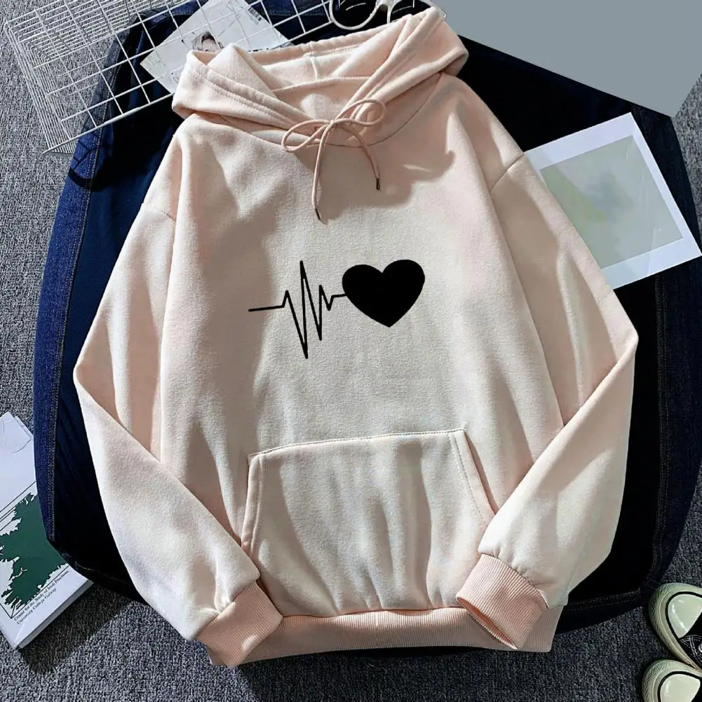 2025年秋冬 ユニセックス パーカー ハートプリント フード付き ルーズ ドローストリング プルオーバー 厚手 プラッシュ 暖かい ビッグパッチポケット カジュアル パーカー