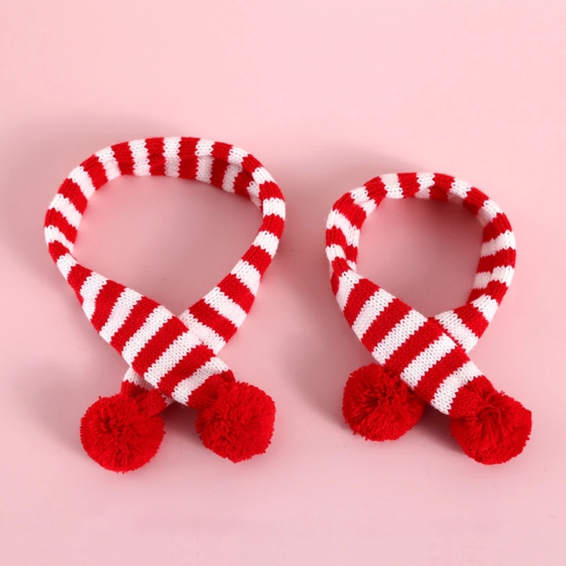 Christmas for Cat Knitted Scarf Striped Collar Dog Costume with Pom Pom Soft for Cats and Puppy Xmas Gift Green/Red Dropsale