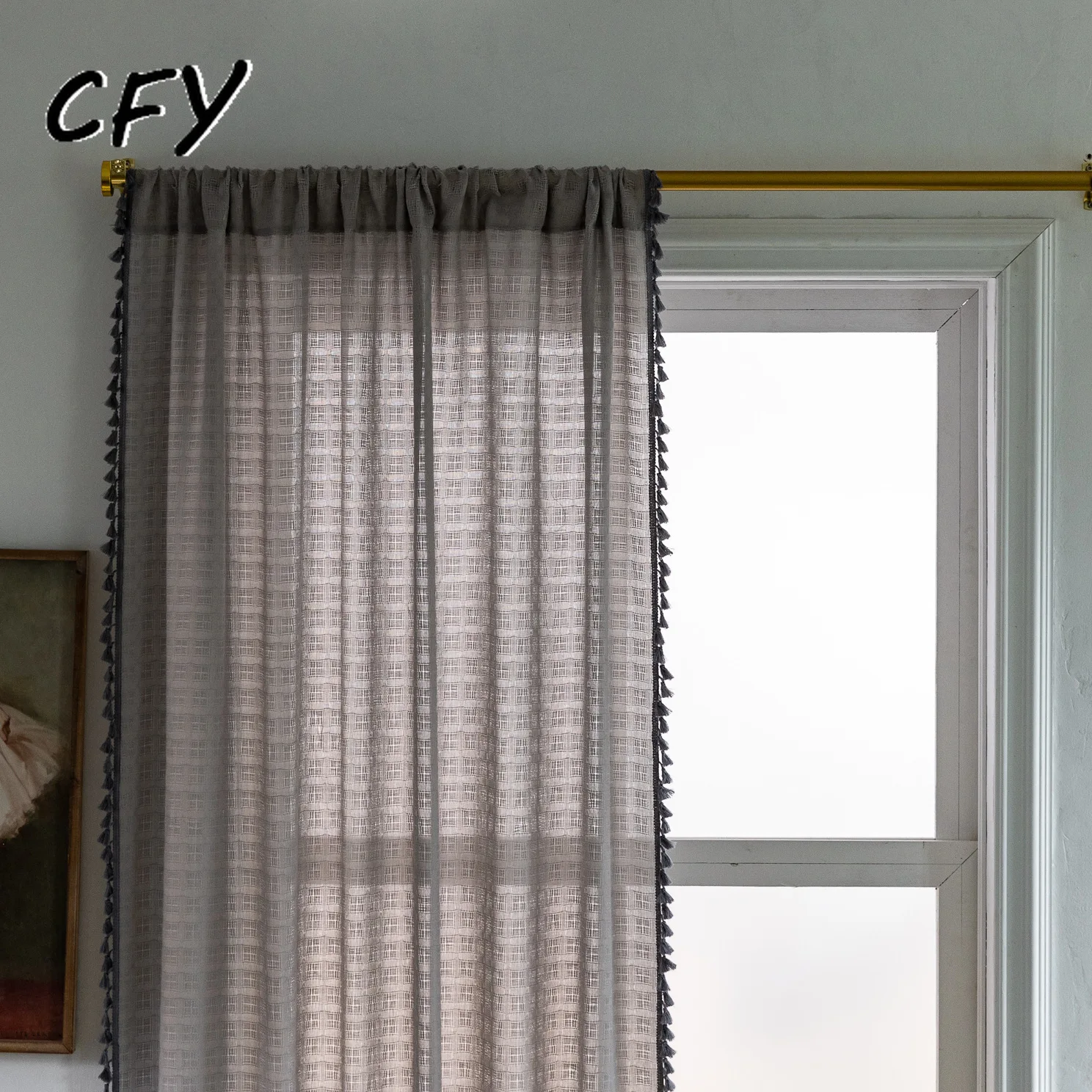 Cotton linen plaid American rural with Tassels Blackout Window Curtain Ready-made Drapes for Bedroom Curtains In The Living Room