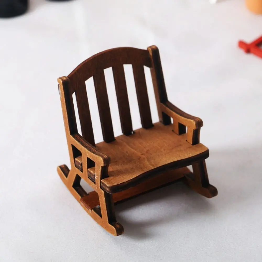 Play Toy Furniture Realistic Mini Rocking Chair Vivid Wood Swing Rocking Chair Model Creative Retro Dollhouse Chairs Kid Toy