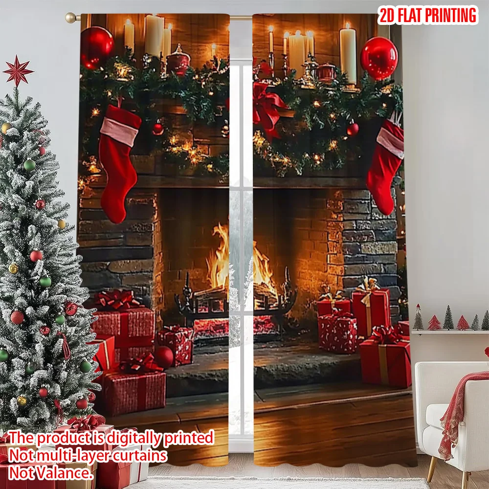 

2pcs 2D flat printing Merry Christmas Popular Window Curtains Warm Christmas stove scene Fabric Without Electricity Festive Wall