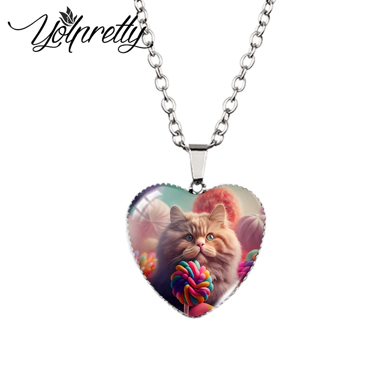 2023 New Arrival Fashion Cute Kitten Cats Pet Animals Handcraft Jewelry Glass Dome Heart Pendants Necklace HZ3