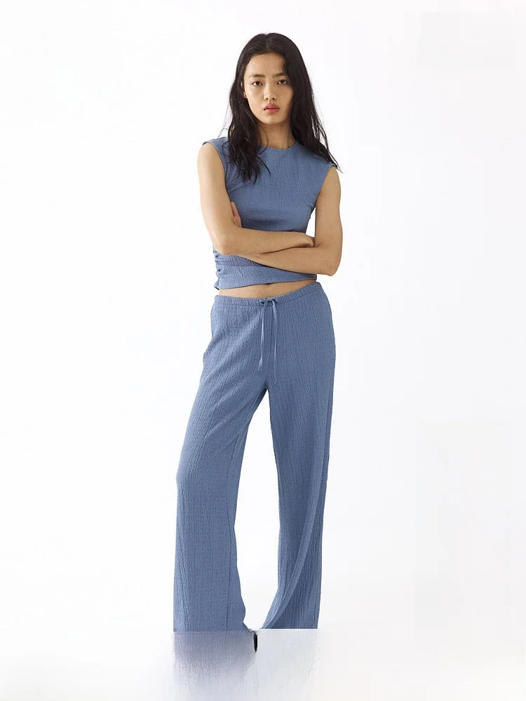 

H&M Новые летние женские брюки из фактурной ткани, прямые, повседневные, с естественной талией, из полиэстера и спандекса