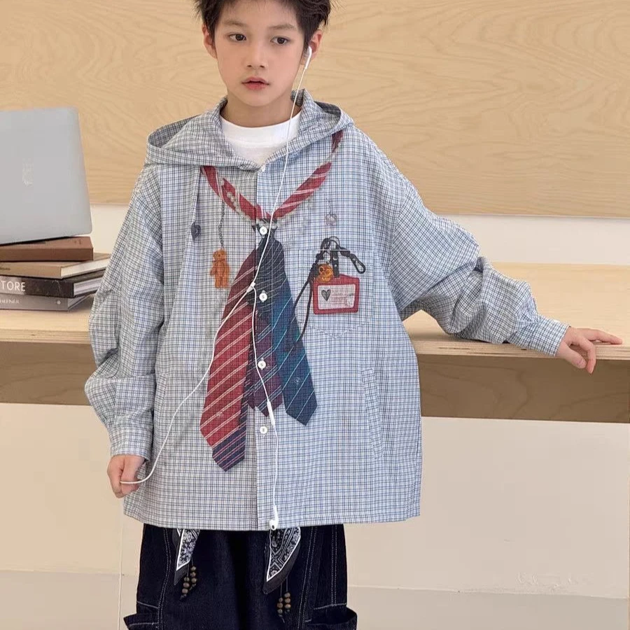 Boy's Plaid Shirt Jacket Spring Autumn New Style Korean Casual Loose Big Kids Trendy Top
