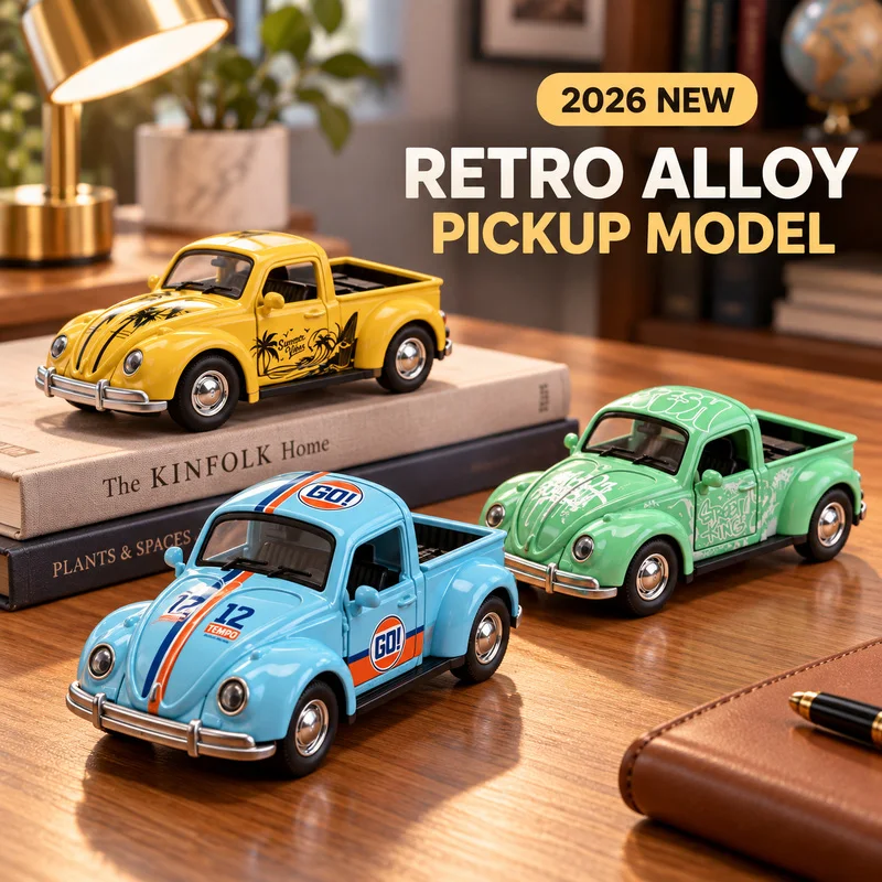 2026 New Retro Beetle Alloy Pickup Truck Pull Back Toy, Openable Doors, Desk Ornament, Gift for Kids & Car Fans