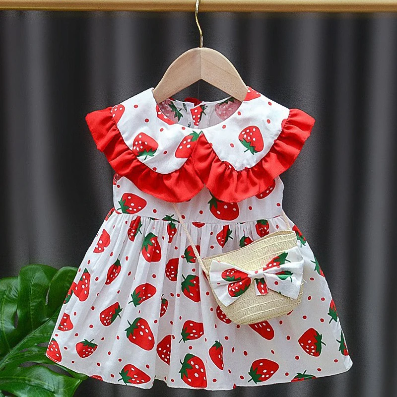 Girls\' Dress Bag 2/Piece Set Summer Little Girl Big Collar Full of Strawberry Dot Printed Princess Dress