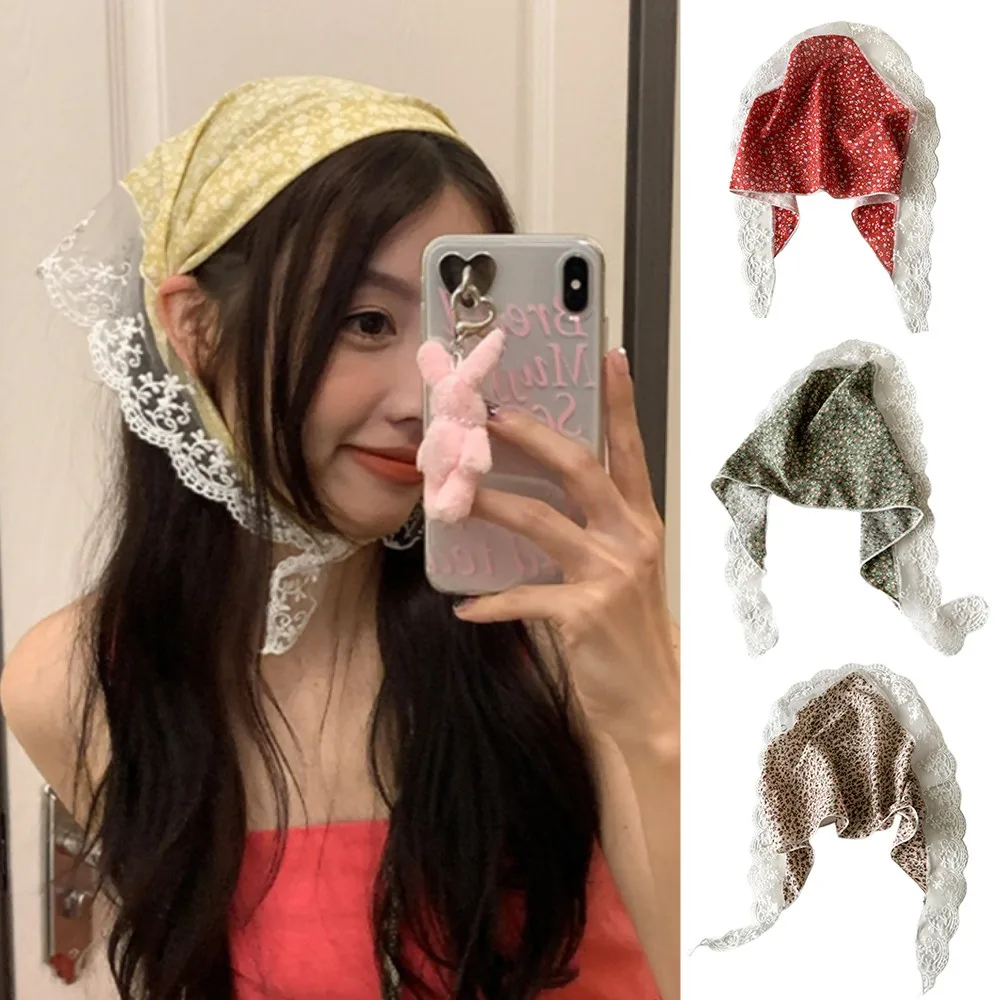 

Pastoral Style Small Floral Lace Hair Scarf Triangle Hair Band Strap Headscarf For Women Travel Photo Triangular Headband Turban