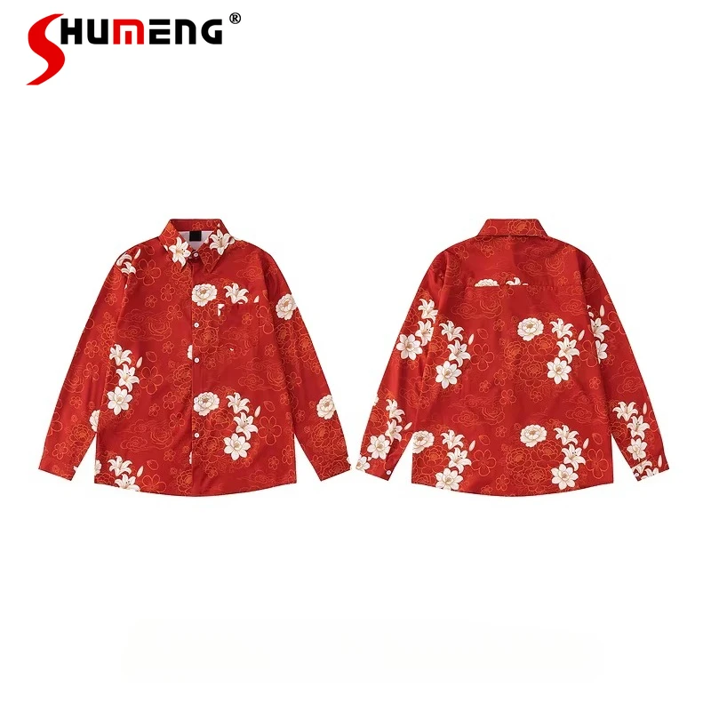 

Trendy Fashion Floral Long Sleeve Shirts Men Women 2026 Spring New Comfort Chic Shirts Pocket Decoration Handsome Elegant Tops
