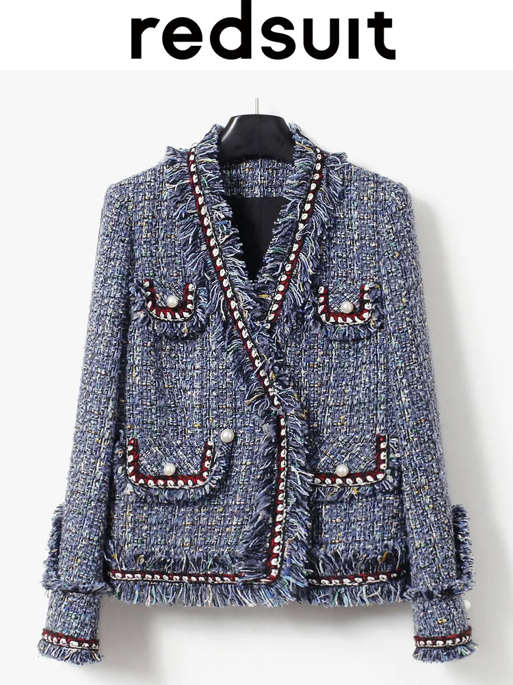 New  V-neck heavy industry jacket, coarse floral fringe woven plaid blue Can customize size
