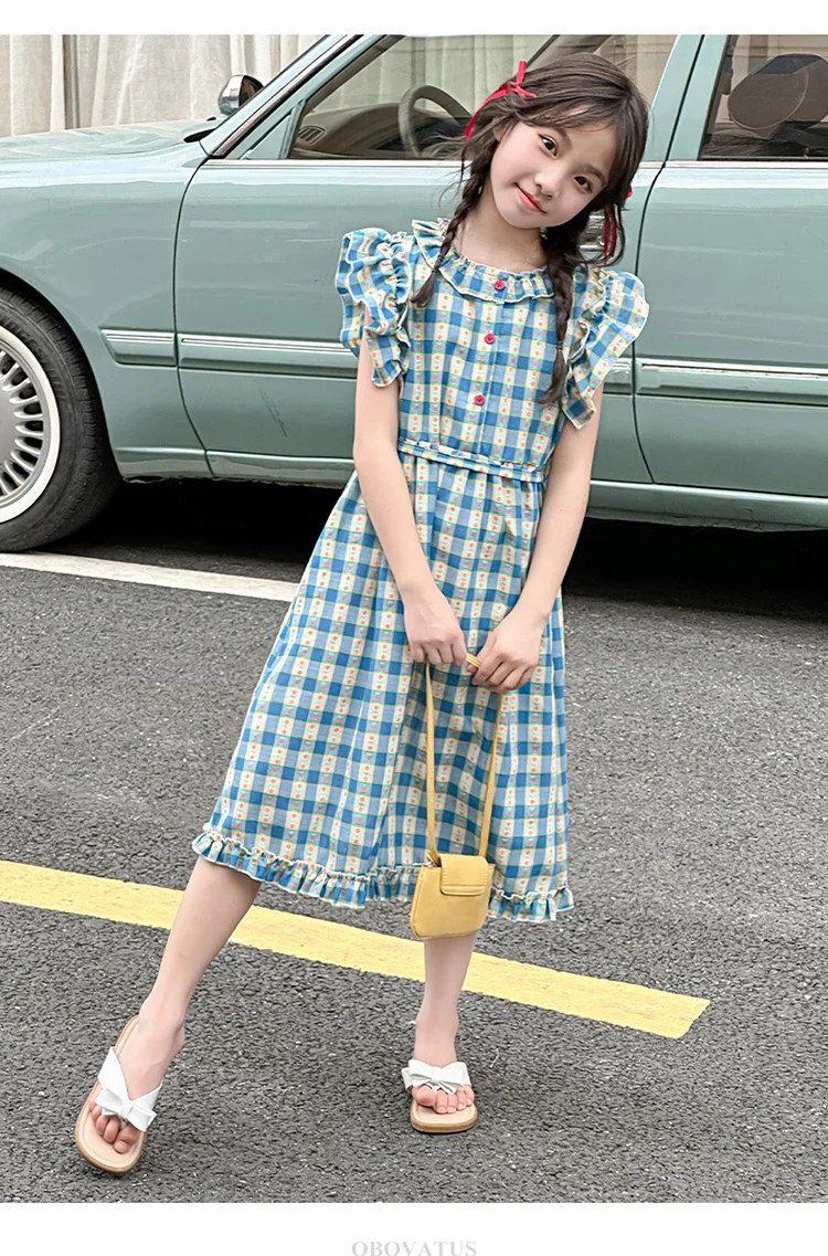 Preppy-Stil Kinder Babyblau Kariertes Kleid mit Blütenärmeln für Mädchen A-Linien-Schulkleider für Teenager Neue Sommerkleidung – Detail 8