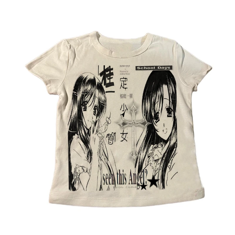 Grunge Alt Damen Weißes Figurbetontes Langarm-Oberteil Vintage Schultage Anime Grafik Y2K Emo Harajuku Slim Casual T-Shirt – Detail 3
