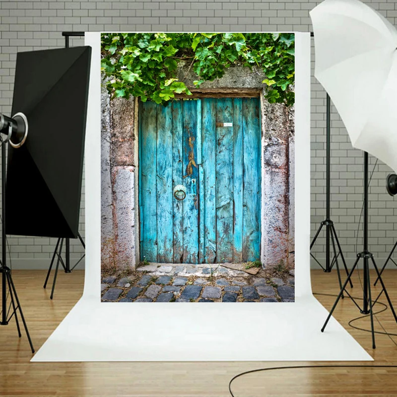 Premium retro background big brown door and white side small window side stone wall top vinyl background cloth family portrait p