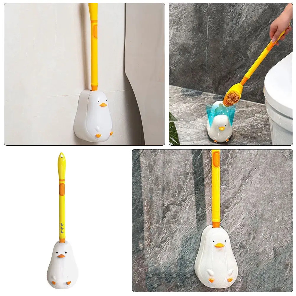 1Set Cartoon Shaped Toilet Brush with Holder Effortless Liquid Dispensing Button Soft Bristles Bathroom Bowl Cleaner Tool Set