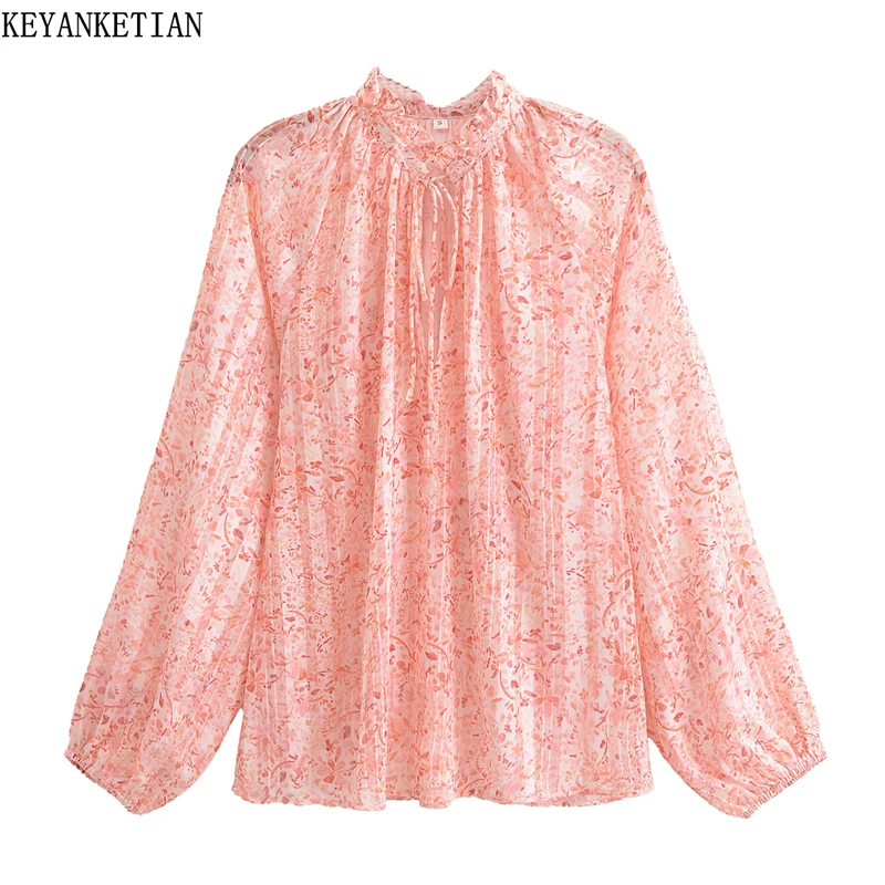 

KEYANKETIAN Весенняя новинка: Женская свободная блузка с воротником-стойкой, принтом и рукавами-фонариками, топ с длинным рукавом