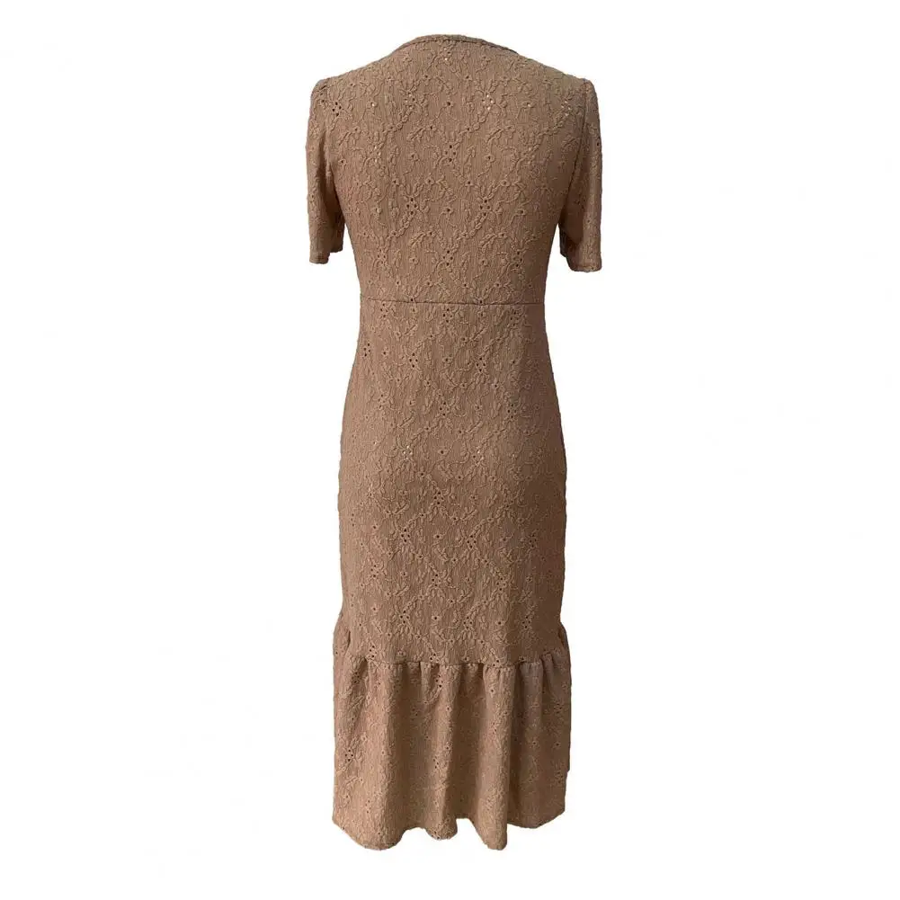 Elegant Solid Color Dress Women’s Ruched Maxi Dress Button Down Shirt Dress Summer Beachwear Short Sleeve V-neck Swing