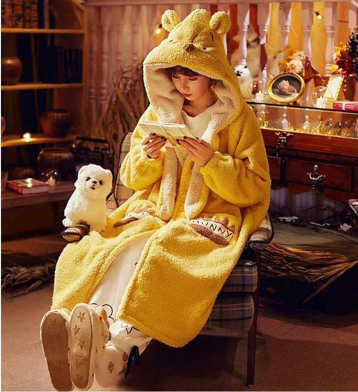 New Winter Kawaii Pooh Series Coral Fleece Pajamas Cute Disney Couple Style Plus Velvet Thickened Long Nightgown Home Clothing