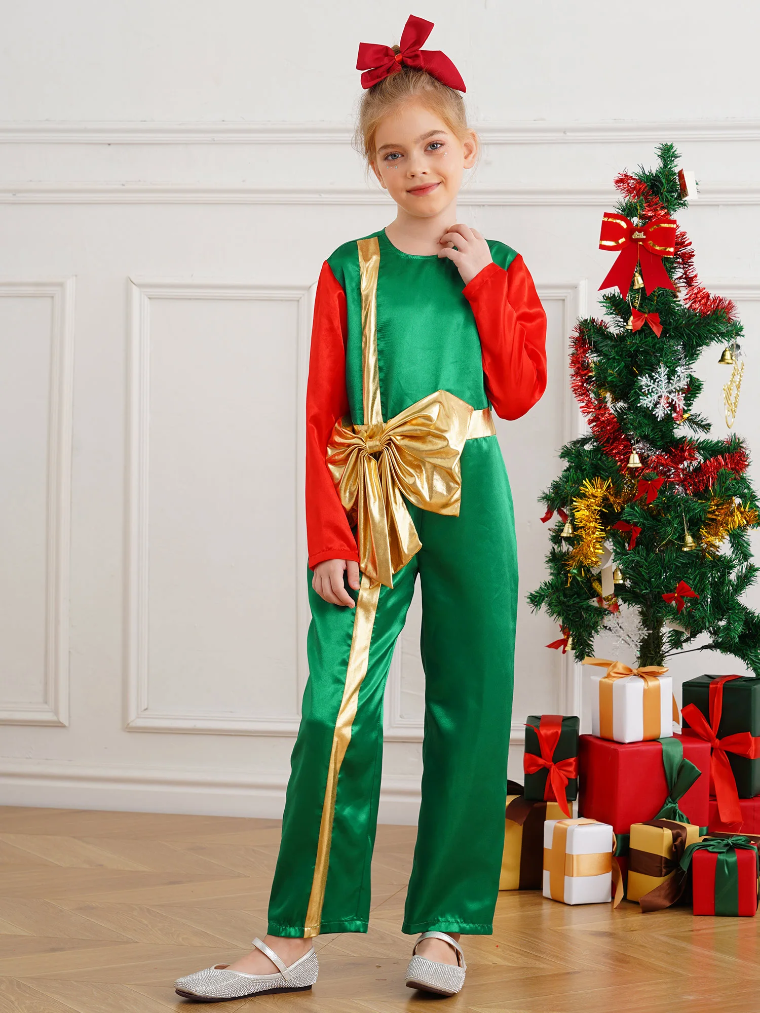 6-16Y Boys Girls Christmas Jumpsuit Xmas New Year Party Halloween Santa Gift Box Cosplay Costume Long Sleeve Bow Knot Bodysuit