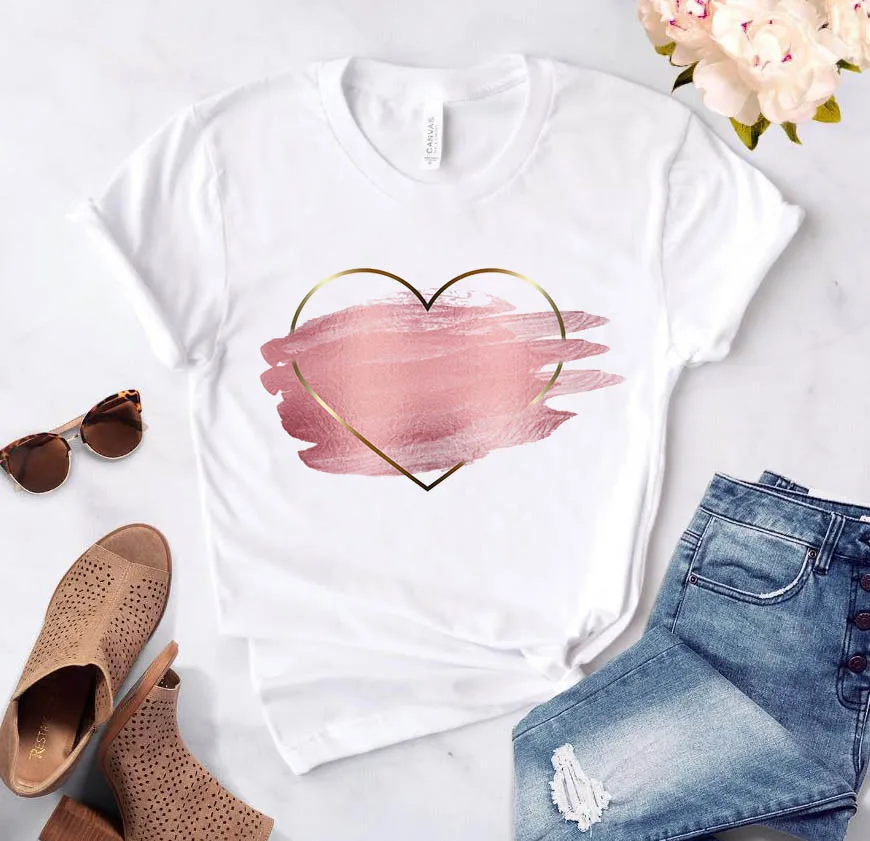 

Heart flower print ladies T-shirt Ladies Casual basis O-collar White Shirt Short Sleeve Girls T-shirt Love Graphic Printing