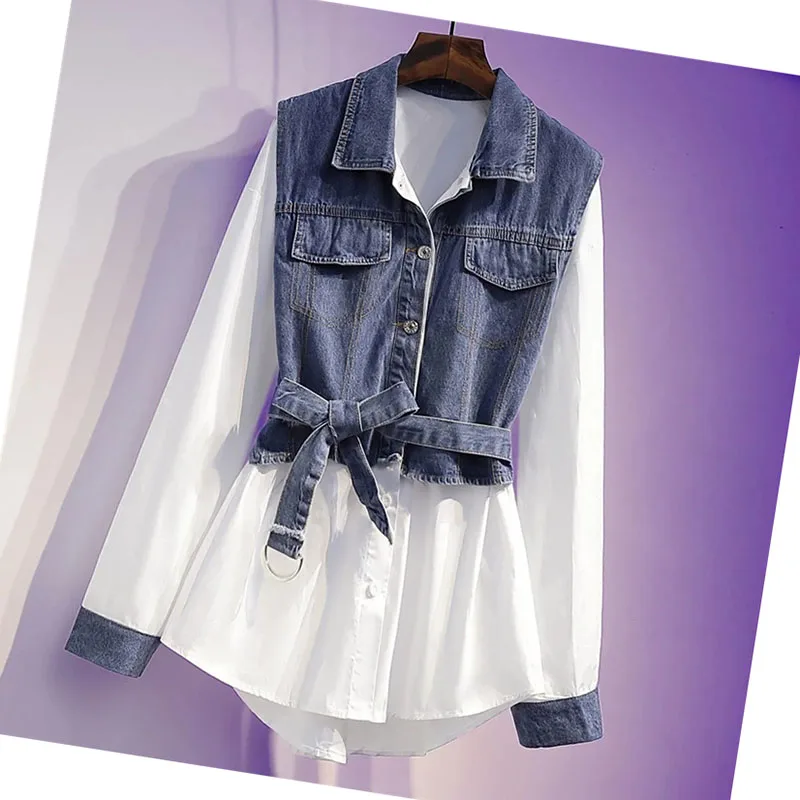 Casaco jeans de duas peças falso feminino, splicing, design chique, rua frita, moda primavera e verão, maré, nova, plus size