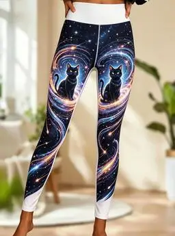 Women Mid‑Rise Fleece Lined Leggings, Halloween Mystic Galaxy Cat Moon Tribal Print Slim Elastic Trousers view 5