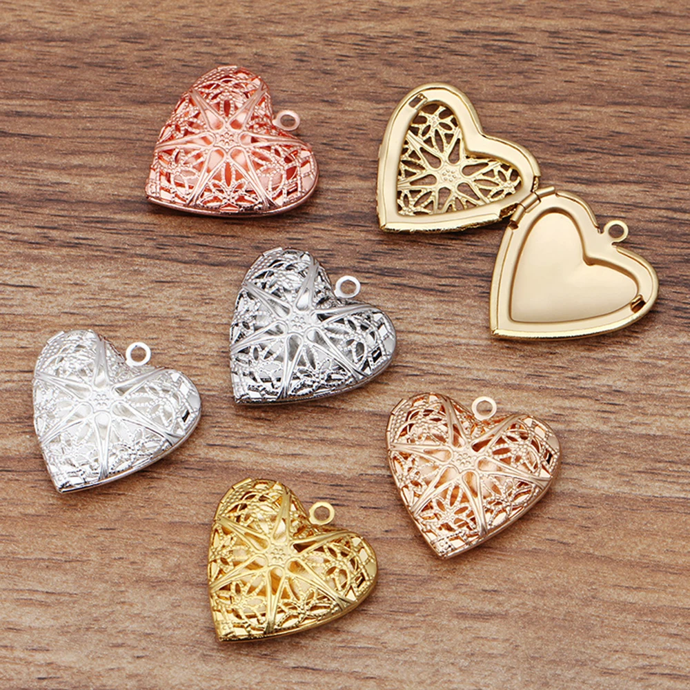 30Pcs/Lot Net Hollow Peach Heart Photo Frame Locket Box Copper Pendant For DIY Necklace Vintage Craft Jewelry Accessories