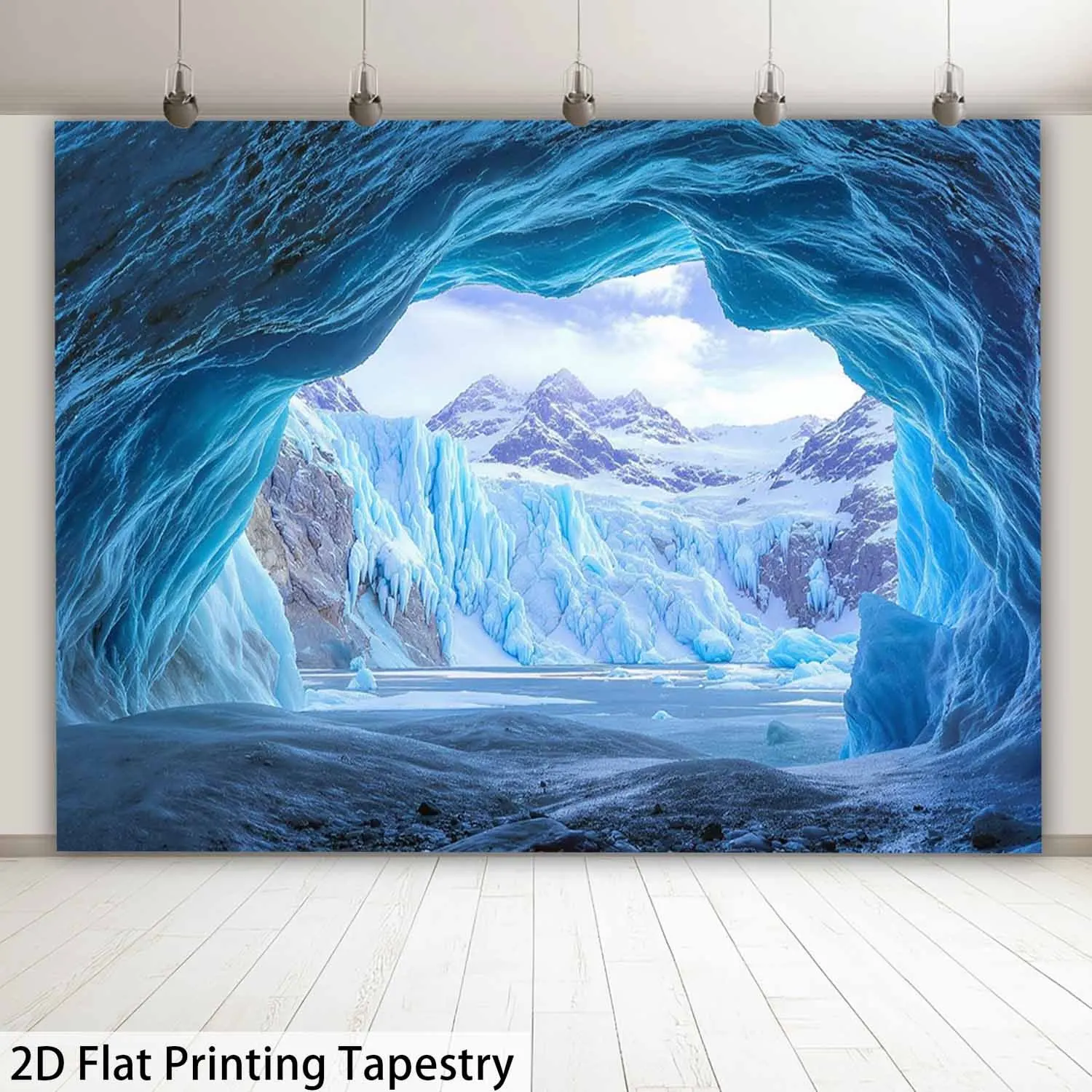Frozen Cave View Tapestry Snowy Mountains Glacier Background Winter Decor Wall Hanging for Living Room or Bedroom Decoration