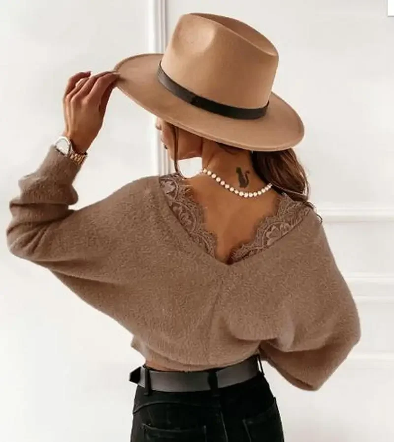 Fashion Sexy V-neck Lace Patchwork Plush Long Sleeve Top Sexy Women's Solid Color Lace Sling Flannel Long Sleeve Top