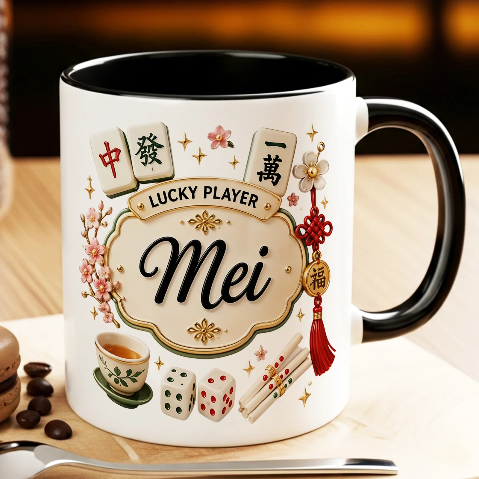 Personalized Mahjong Coffee Mug Custom Name Ceramic Cup Insulated Reusable Gift for Mahjong Lovers Christmas