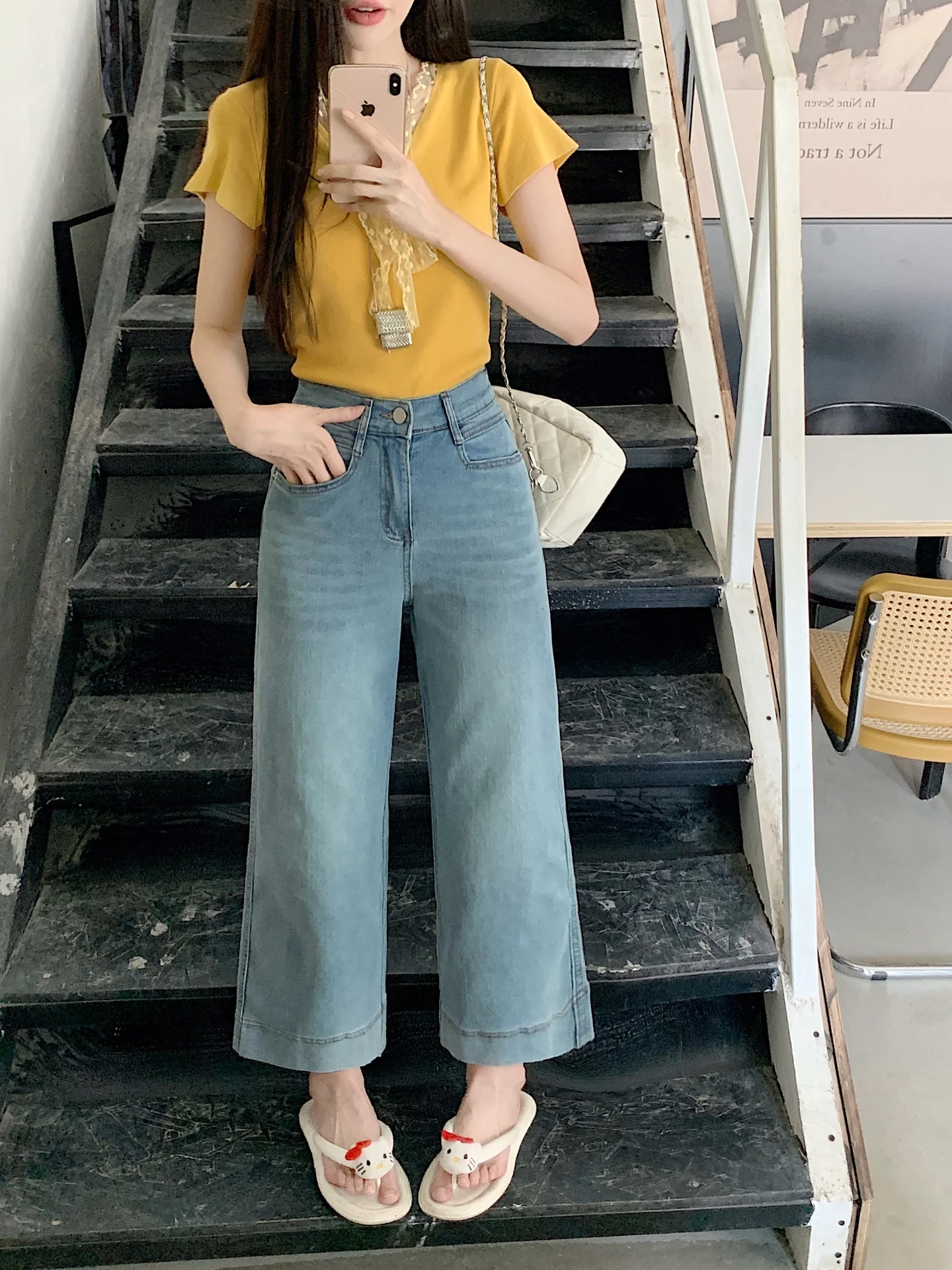 Niebieskie jeansy damskie z prostymi nogawkami, cienkie spodnie z szerokimi nogawkami, wysoki stan, wyszczuplające, zwiewne, długość 7/8, obcisła wersja, casualowe, dżinsowe.