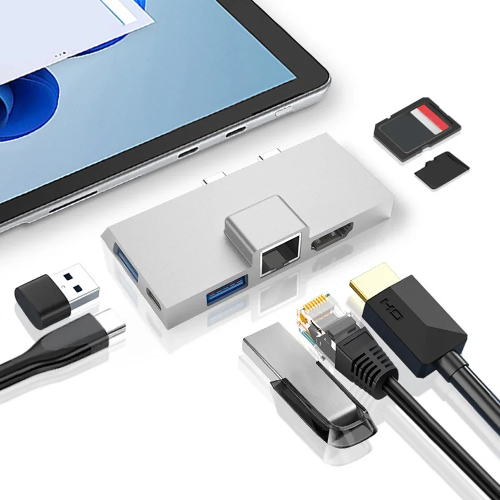 Pembaca kartu memori C Hub, untuk Microsoft Surface Pro 8 9 X tipe-c, stasiun Dok Hub dengan 4K kompatibel HDMI RJ45 USB 3.0