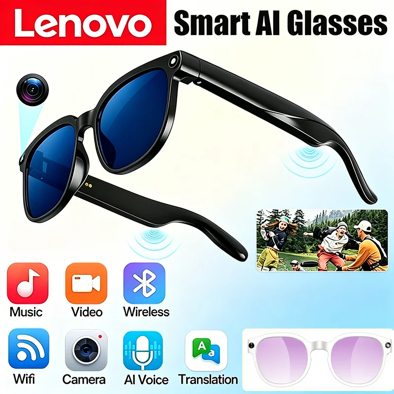 Lenovo AI Smart Glasses 4K 8MP Translation Camera Shooting Image Bluetooth Call Recording Music Smart Sunglasses 2026 New