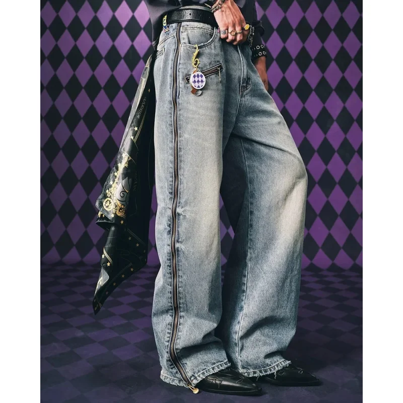 

High Waisted JoJo Anime Zipper Patchwork Jeans Men Women Detachable Printed Jeans Purple and Gold Patchwork Straight-leg Jeans