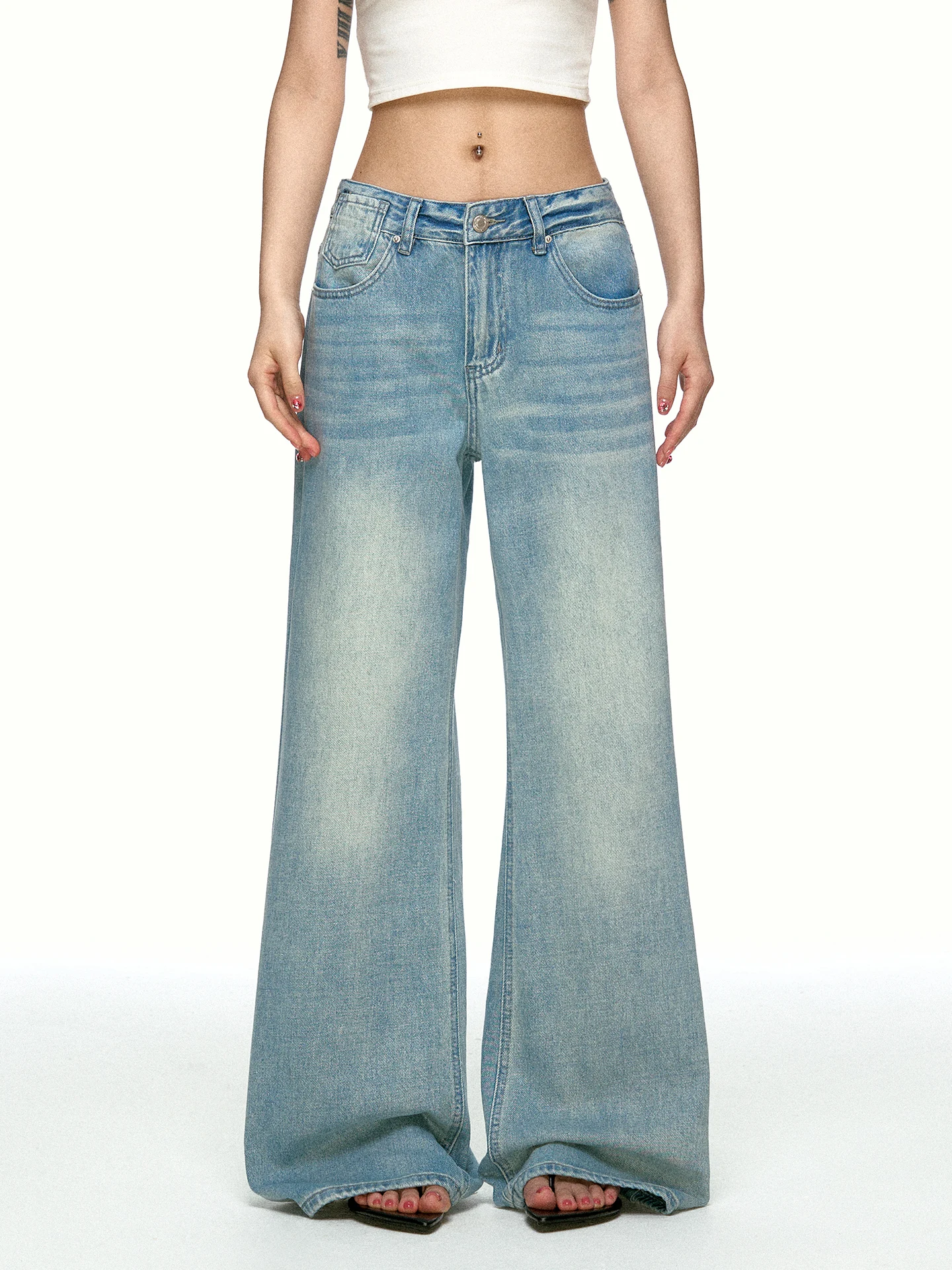 Aaisup American Washed Wide Leg Jeans Women's Thin Straight Loose Slimming Floor-Length Pants Summer Natural Waist Jeans