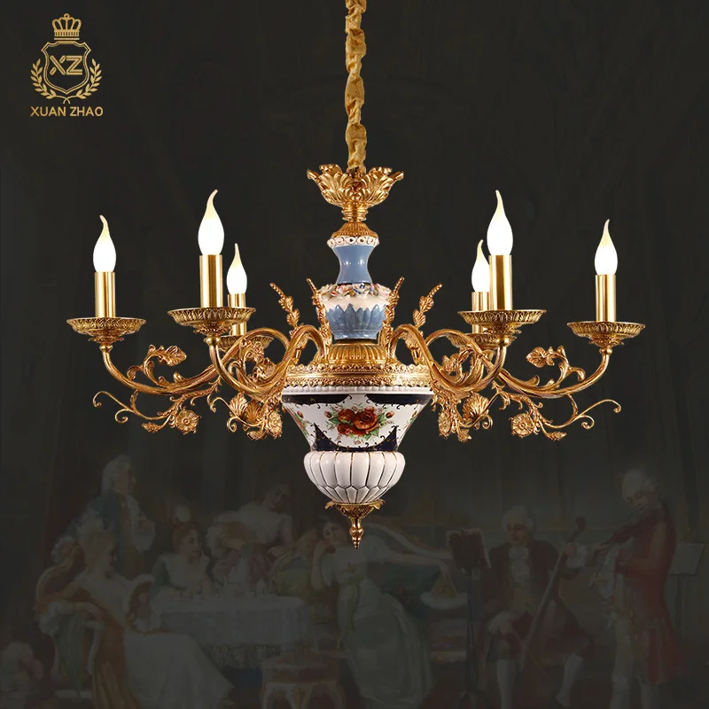 XUANZHAO Royal Ceramic Decorative Lighting Antique Exquisite Hand-Carved French Style Copper Hotel Hall Chandelier